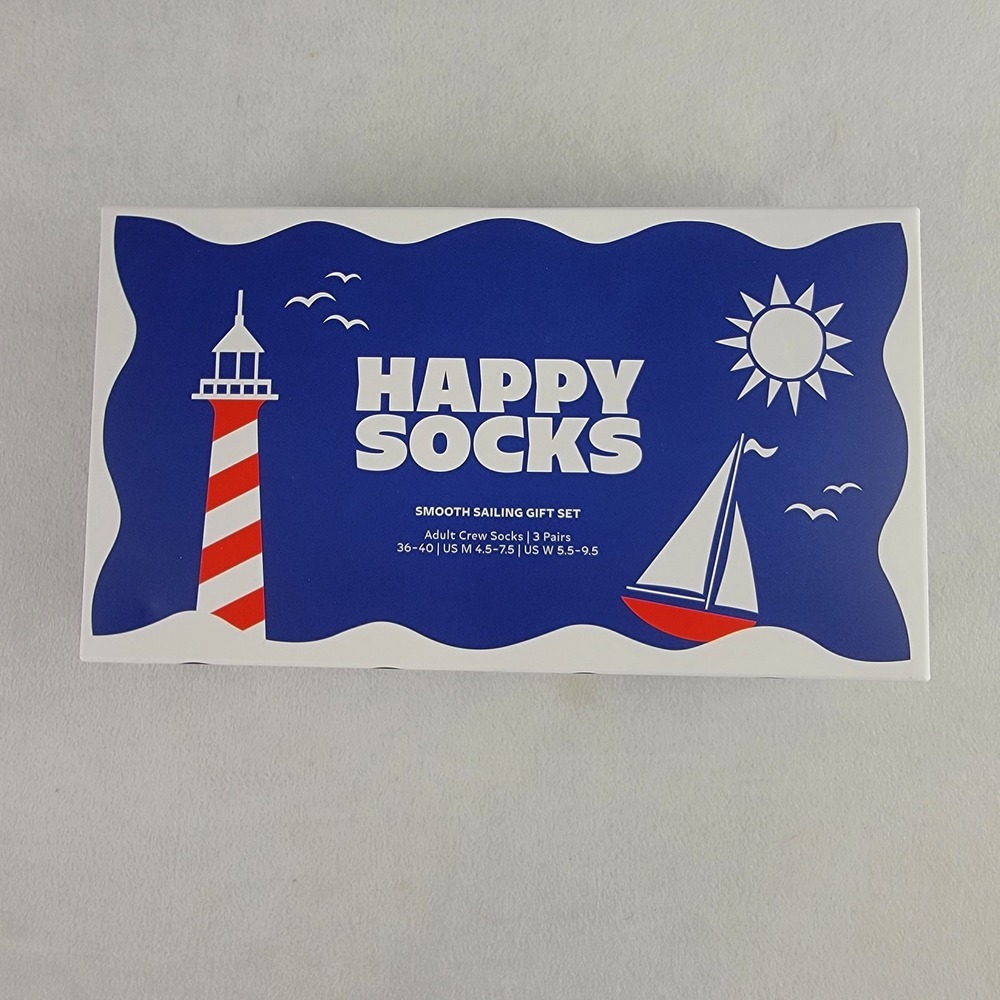 Happy Socks Smooth Sailing Gift Set 3 Pairs Nautical Crew Socks Navy Red 36-40
